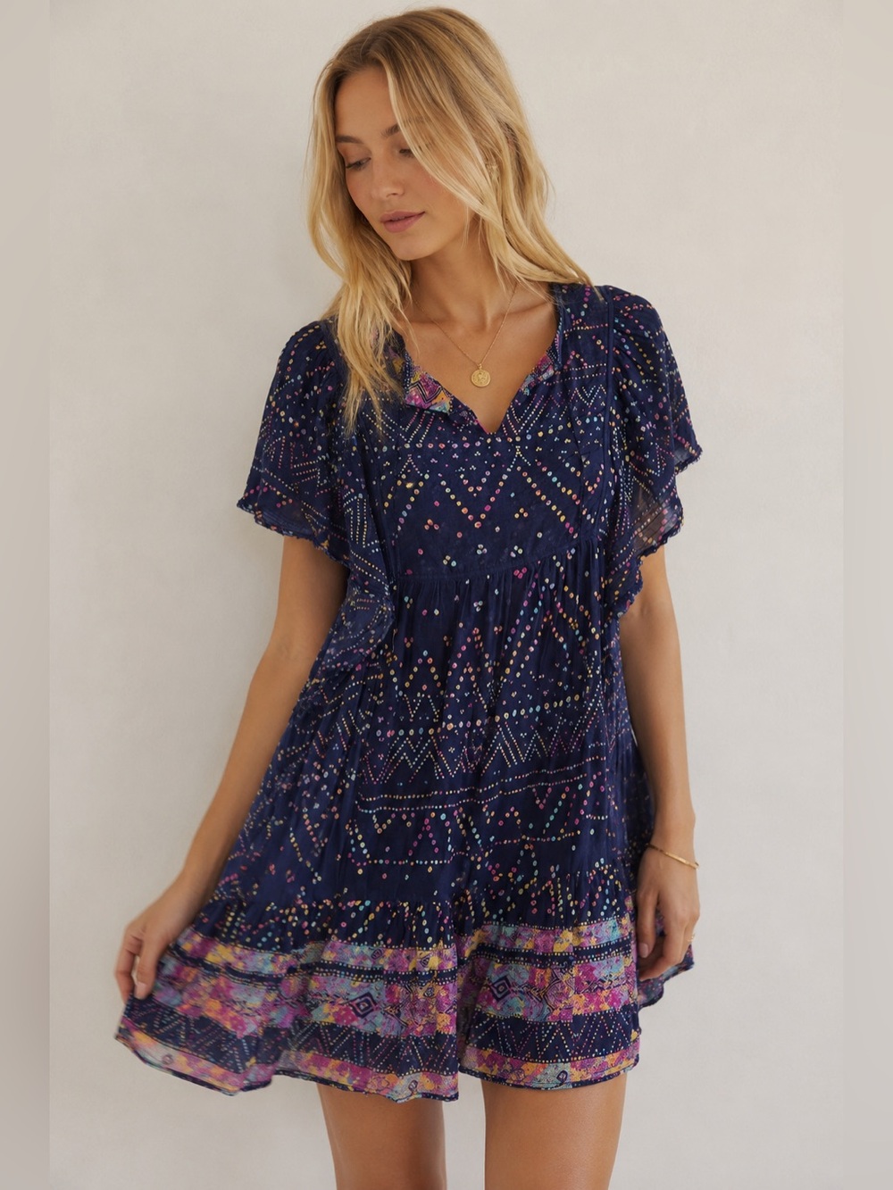 Urban outfitters Boho Patterned Dot, Aztec Print Flutter Sleeve mini Dress tunic